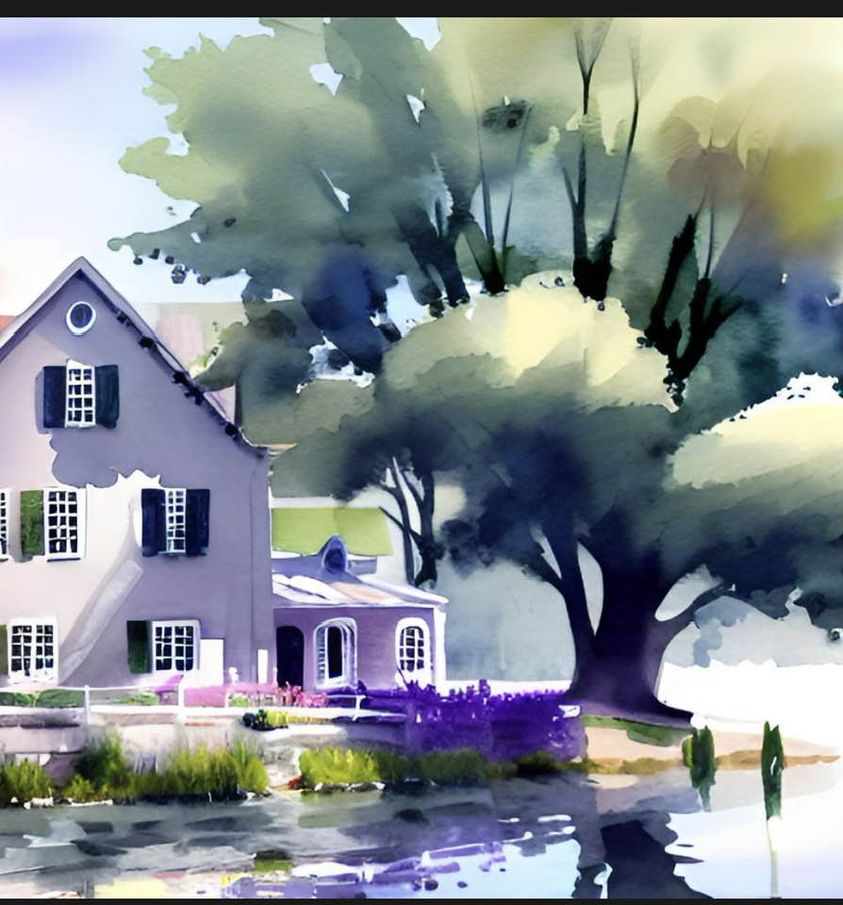 AI-generated watercolor of a house under a huge tree beside a pond